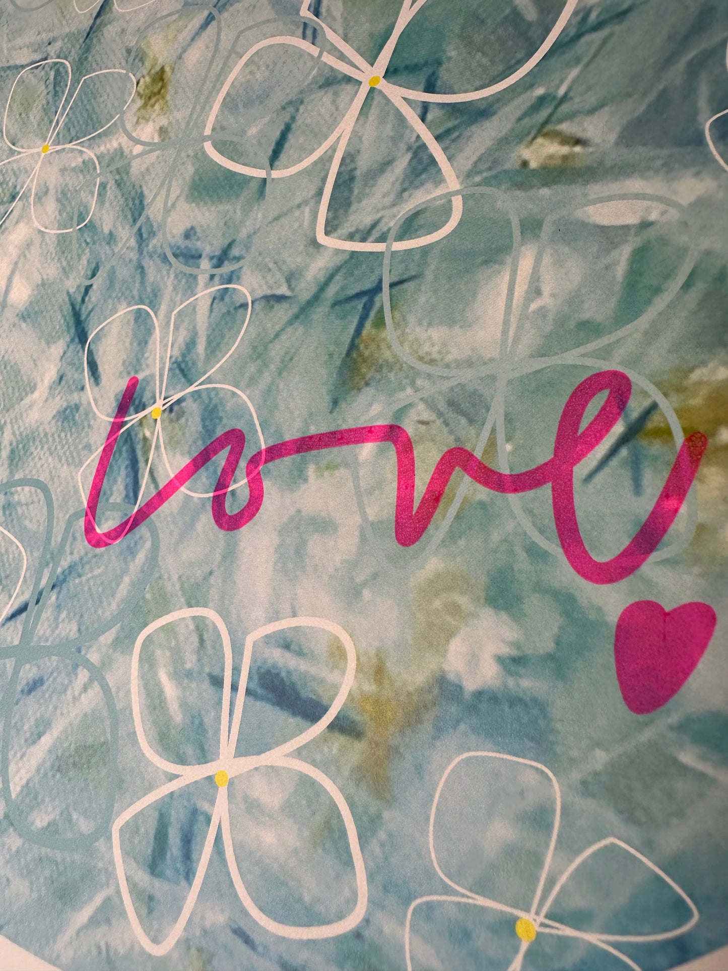 Hydrangea graphic print with Love screen print overlay