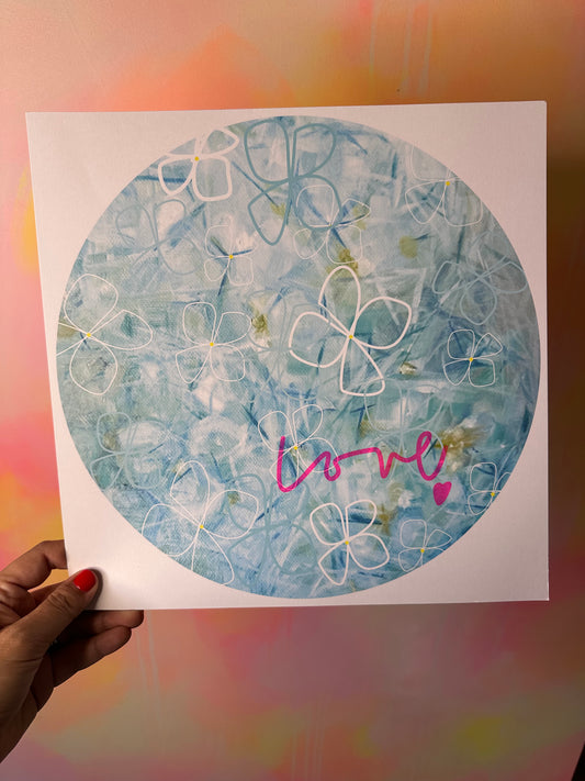 Hydrangea graphic print with Love screen print overlay