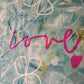 Hydrangea graphic print with Love screen print overlay